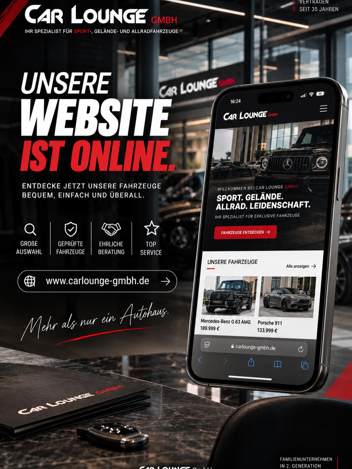 ✨ Dein Traumwagen ist nur einen Klick entfernt! 💪🏽

Auf der Suche nach einem hochwertigen Fahrzeug, das perfekt zu dir passt? Egal ob Allrad-Power oder exklusiver Fahrkomfort – bei der Car Lounge GmbH stehen Qualität, Vertrauen und echte Begeisterung für Autos an erster Stelle.

Auf unserer brandneuen Website findest du ab sofort unseren aktuellen Fahrzeugbestand, alle Services und kannst ganz unkompliziert Kontakt zu uns aufnehmen.

🌐 Besuche uns jetzt unter: www.carlounge-gmbh.de (Oder einfach den Link in unserer Bio klicken!)Wir freuen uns auf dich! 🏁

#carlounge #traumauto #automotive #newwebsite #carlove