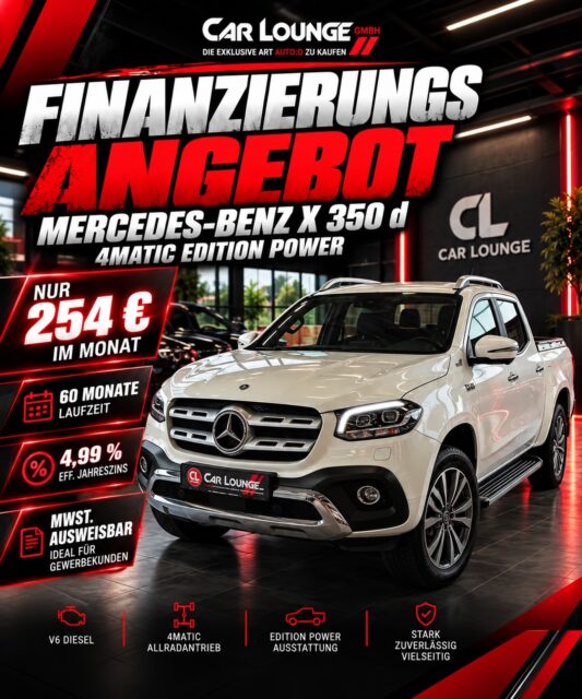 V6, 4MATIC und nur 254 € im Monat. 🔥

Unser Mercedes-Benz X 350 d 4MATIC Edition Power ist nicht nur als Pickup eine Ansage – auch die Finanzierung kann sich sehen lassen. Und durch die ausweisbare MwSt. ist die X-Klasse besonders interessant für Gewerbekunden. 👀

💳 nur 254 € monatlich
📆 60 Monate Laufzeit
📉 4,99 % eff. Jahreszins
🧾 MwSt. ausweisbar
💰 Fahrzeugpreis: 36.499 €

V6 Diesel, 4MATIC und Edition Power – eine X-Klasse, wie man sie heute nicht mehr an jeder Ecke findet.

📍 Jetzt bei der Car Lounge GmbH.

#mercedes #mercedesbenz #newpost #4x4 #mercedesxclass