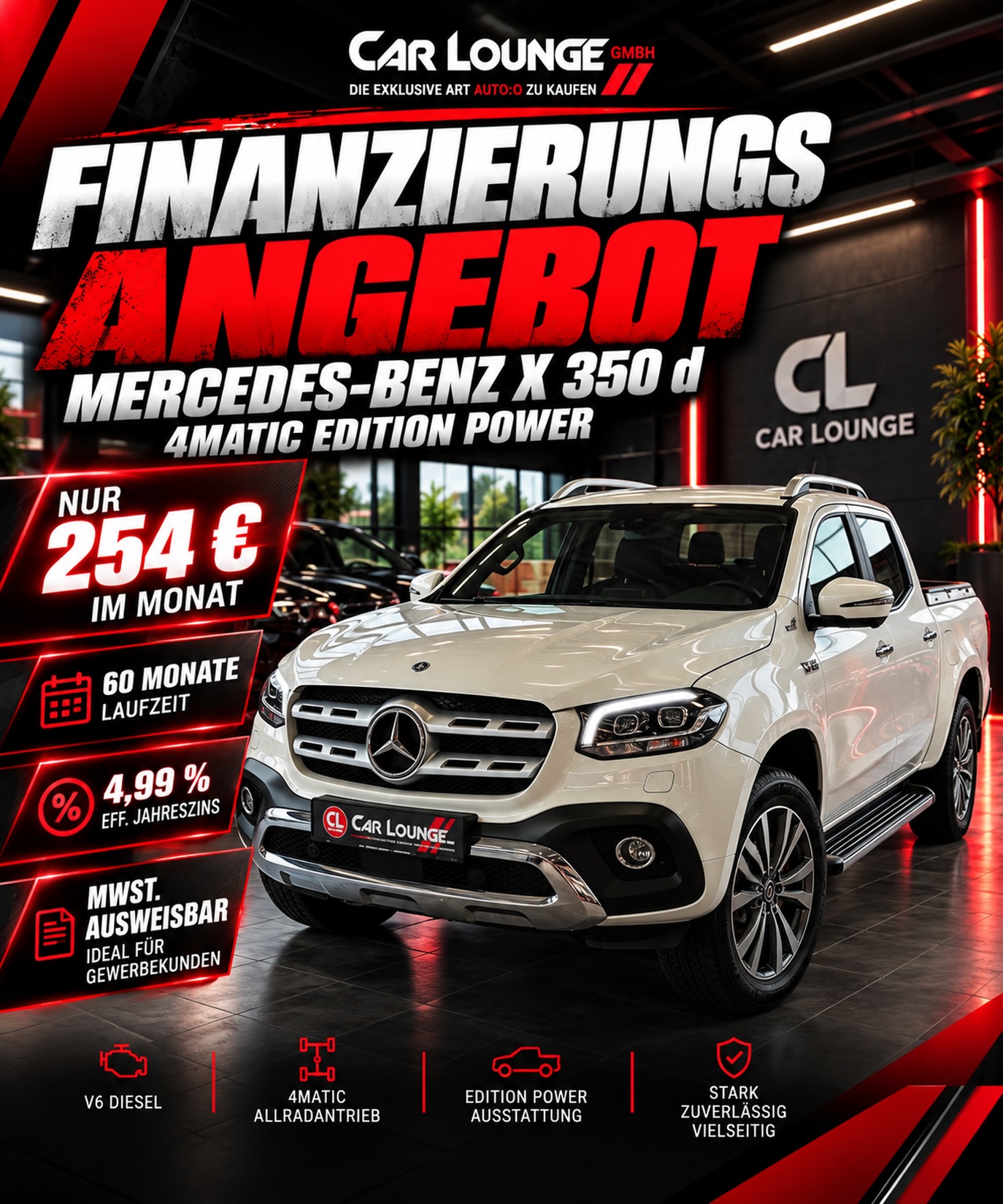 V6, 4MATIC und nur 254 € im Monat. 🔥

Unser Mercedes-Benz X 350 d 4MATIC Edition Power ist nicht nur als Pickup eine Ansage – auch die Finanzierung kann sich sehen lassen. Und durch die ausweisbare MwSt. ist die X-Klasse besonders interessant für Gewerbekunden. 👀

💳 nur 254 € monatlich
📆 60 Monate Laufzeit
📉 4,99 % eff. Jahreszins
🧾 MwSt. ausweisbar
💰 Fahrzeugpreis: 36.499 €

V6 Diesel, 4MATIC und Edition Power – eine X-Klasse, wie man sie heute nicht mehr an jeder Ecke findet.

📍 Jetzt bei der Car Lounge GmbH.

#mercedes #mercedesbenz #newpost #4x4 #mercedesxclass