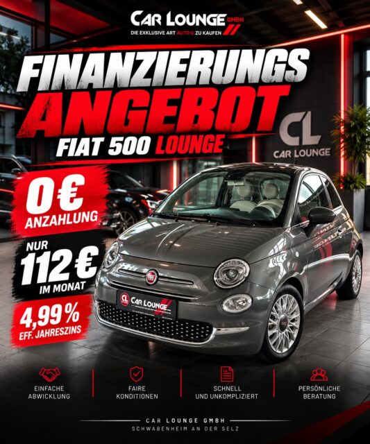 Klein im Format, stark in der Rate. 🇮🇹🔥

Unser Fiat 500 Lounge ist aktuell mit einem richtig interessanten Finanzierungsangebot zu haben – 0 € Anzahlung und nur 112 € im Monat.

📅 EZ 12/2019
🛣️ 21.185 km
💰 0 € Anzahlung
💳 nur 112 € monatlich
📉 4,99 % eff. Jahreszins

Einsteigen, losfahren und die Anzahlung einfach weglassen. Für 112 € im Monat kann man sich den Kleinen definitiv mal genauer anschauen. 👀

📍 Jetzt bei der Car Lounge GmbH in Schwabenheim an der Selz.

#fiat #fiat500 #newcar #newpost #carlounge